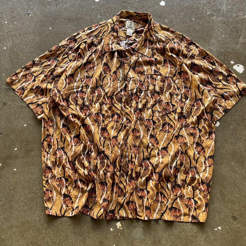 Morta Bay Shirt Mens 4XLT Brown Tropical Fish Hawaiian Short Sleeve Button Up